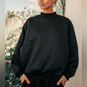 Lulus Mock Neck Best Way to Chill Black Distressed Oversized Pullover Sweater